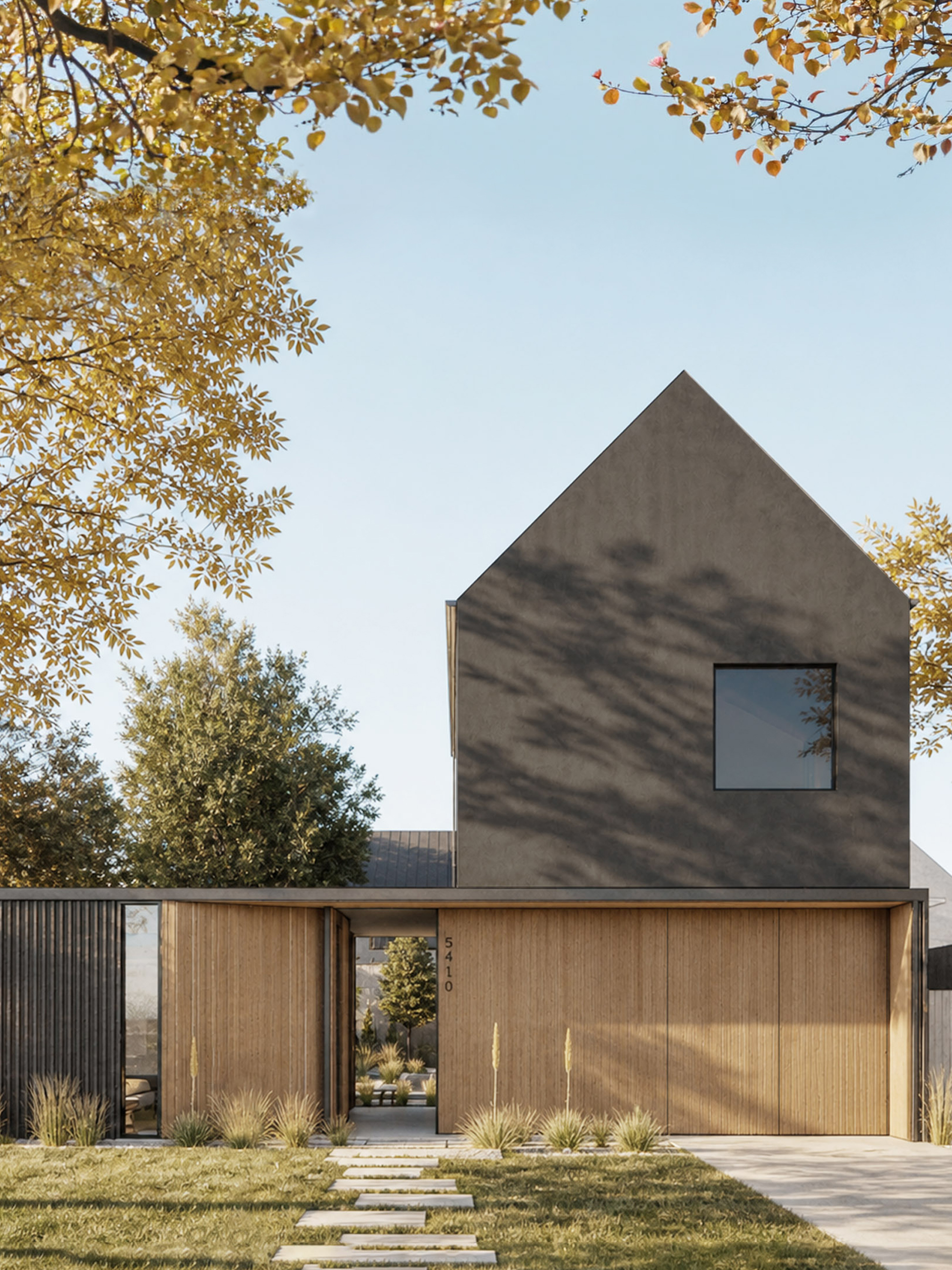 Side elevation, gabled black volume above concrete base