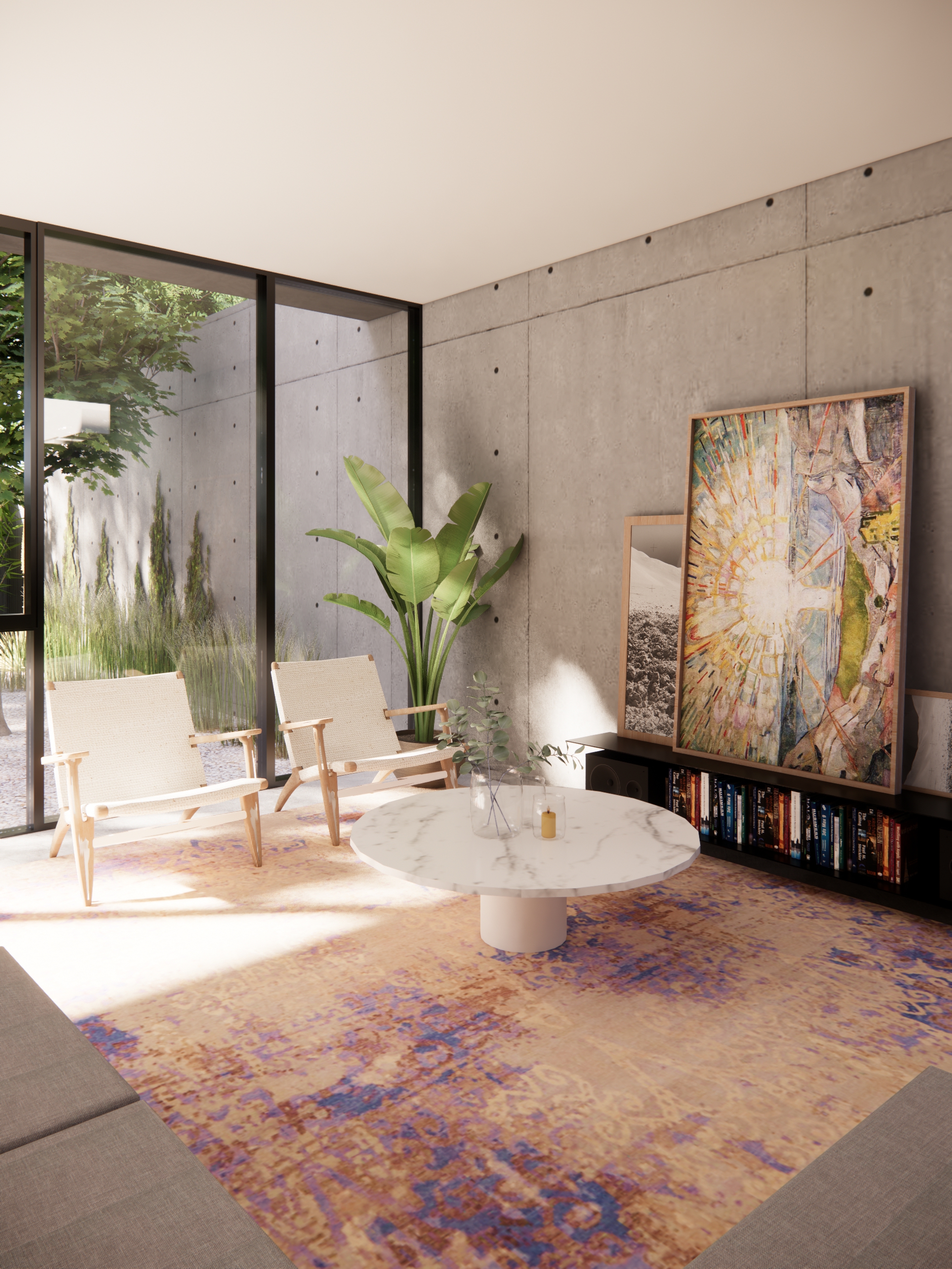 Living room with concrete feature wall
